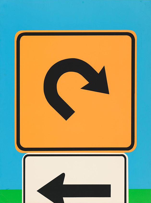 Orange street sign showing an arrow doing a u-turn, above a tan sign pointing left, on a background of two solid shapes of blue and green.